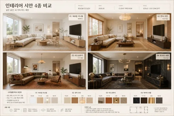 인테리어 시안 4종 비교 AI 프롬프트 미리보기