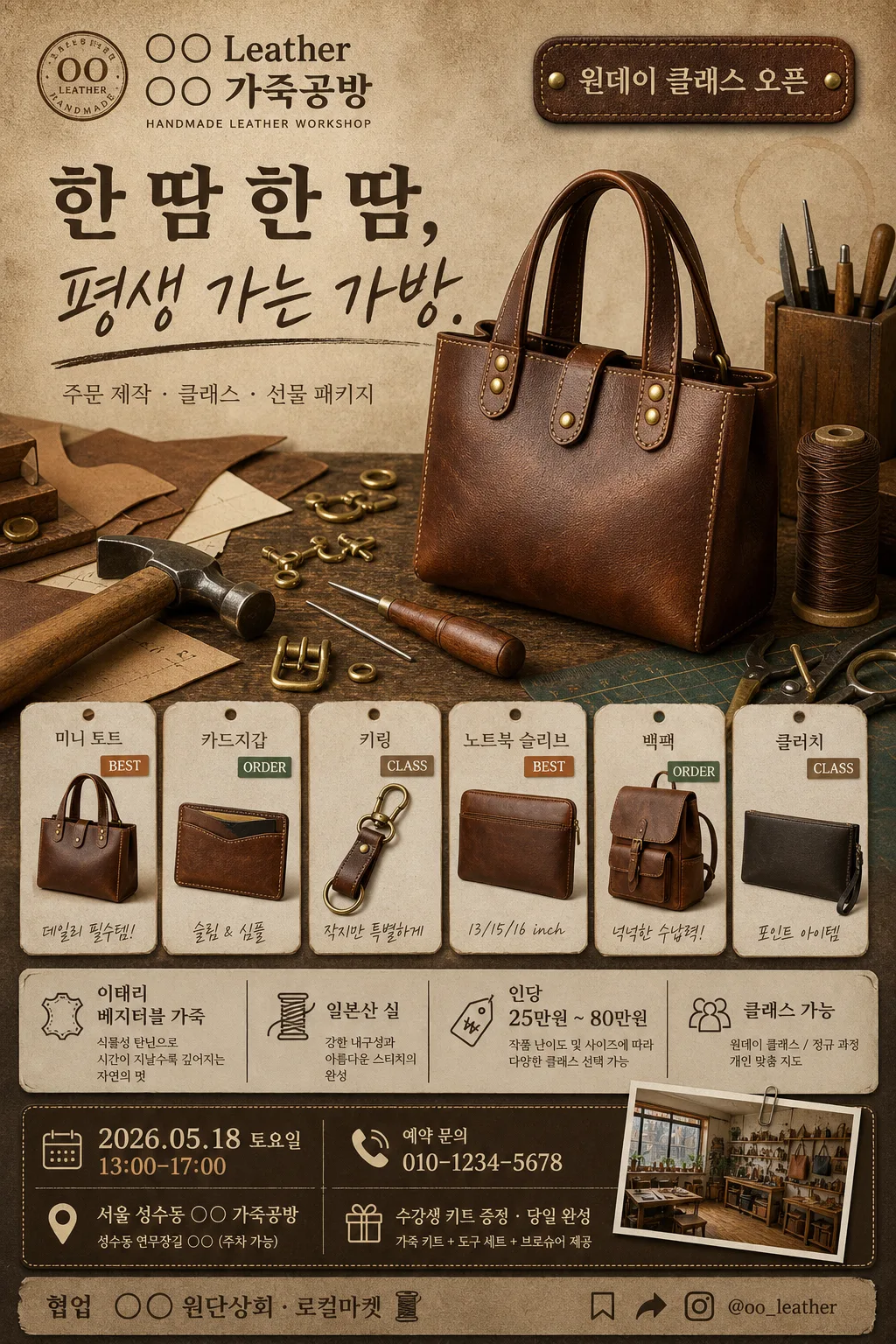 가죽공예·핸드메이드 가방 광고 Prompt preview