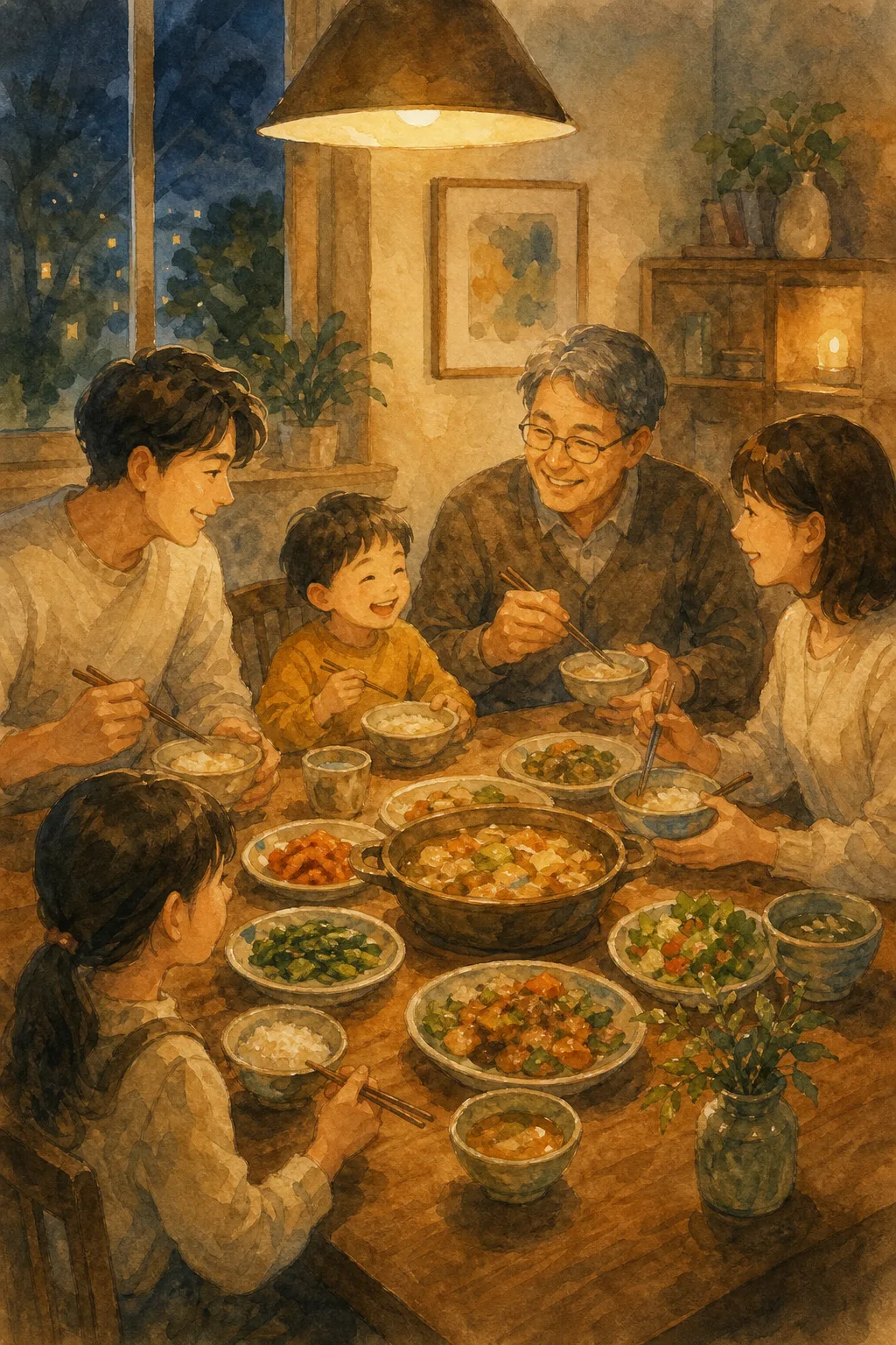 따뜻한 저녁 식탁의 수채화 일러스트 提示詞預覽