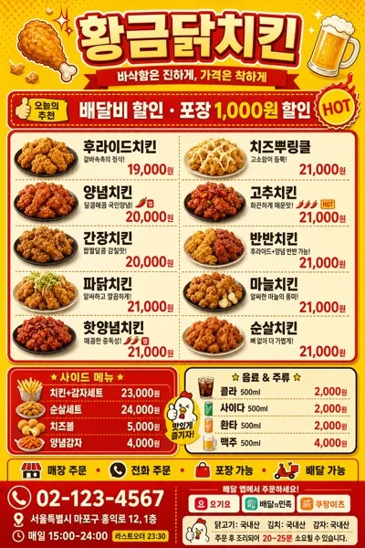 한국 치킨집 메뉴판 (노랑+빨강 친근) AI 프롬프트 미리보기