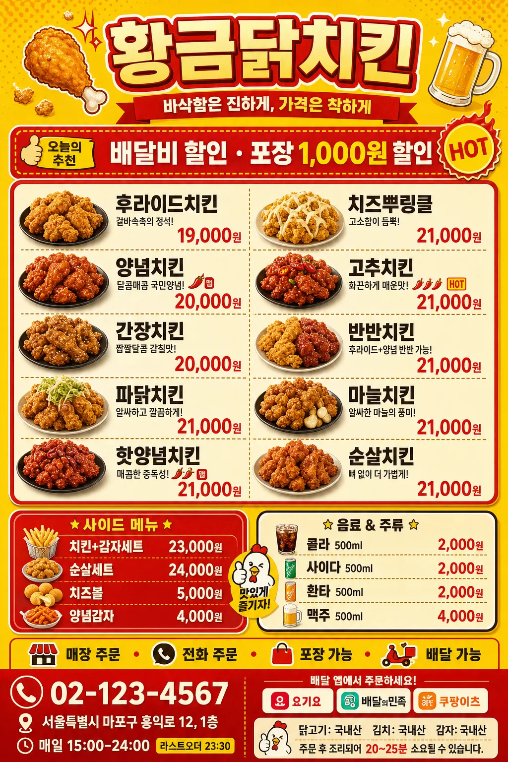 한국 치킨집 메뉴판 (노랑+빨강 친근) 提示詞預覽