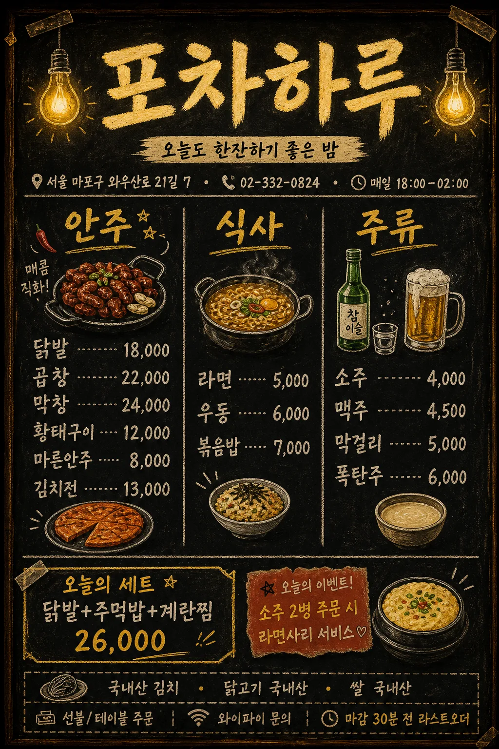 포차·호프집 야간 메뉴판 プロンプトのプレビュー