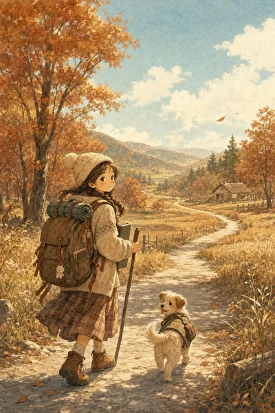 가을 들길을 걷는 소녀와 작은 개의 여행 일러스트 AI 프롬프트 미리보기