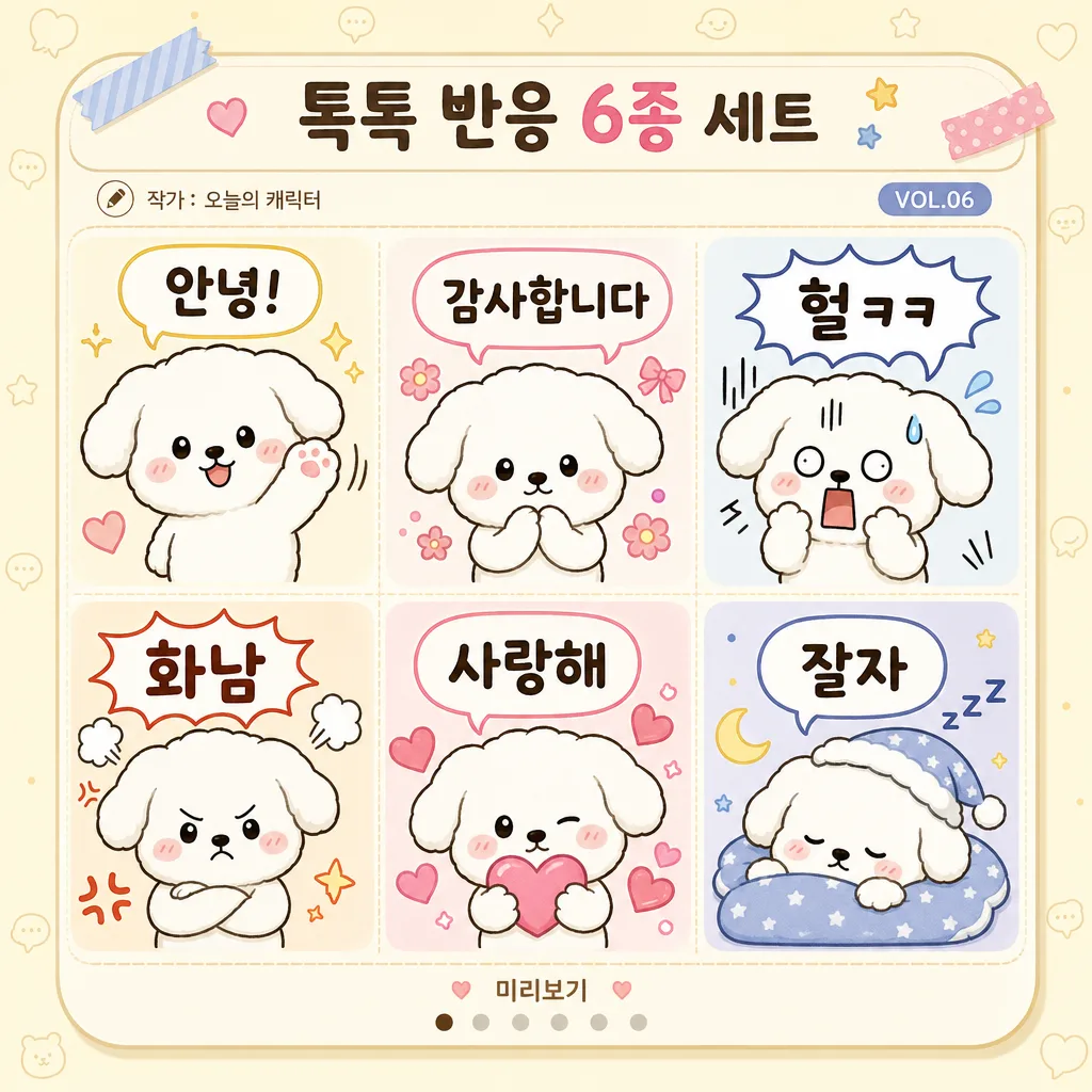 카카오톡 이모티콘 6컷 세트 プロンプトのプレビュー