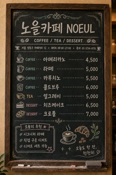 카페 칠판 메뉴판 AI 프롬프트 미리보기