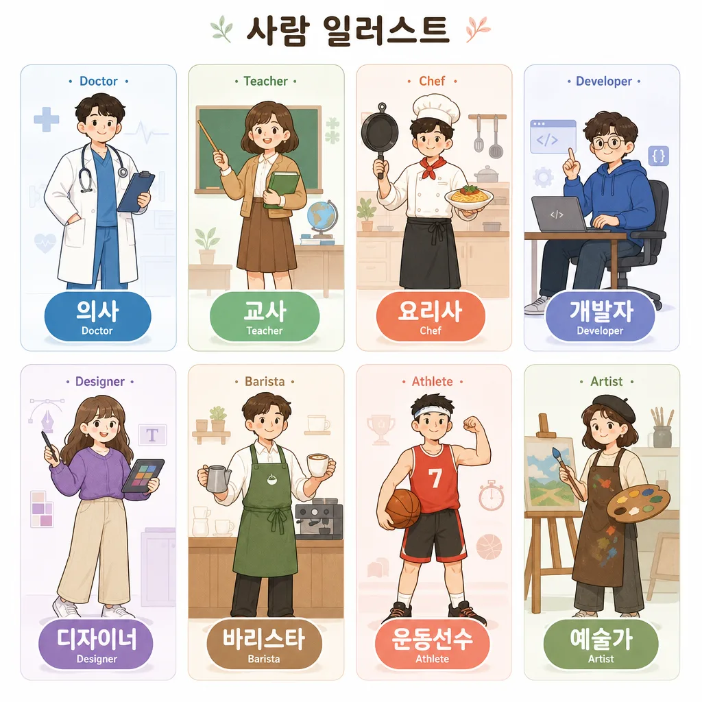 사람 일러스트 (직업·일상 8종) Prompt preview