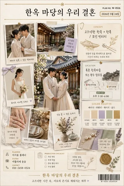 웨딩·신혼 촬영 무드보드 (컨셉·로케이션·소품) プロンプトのプレビュー