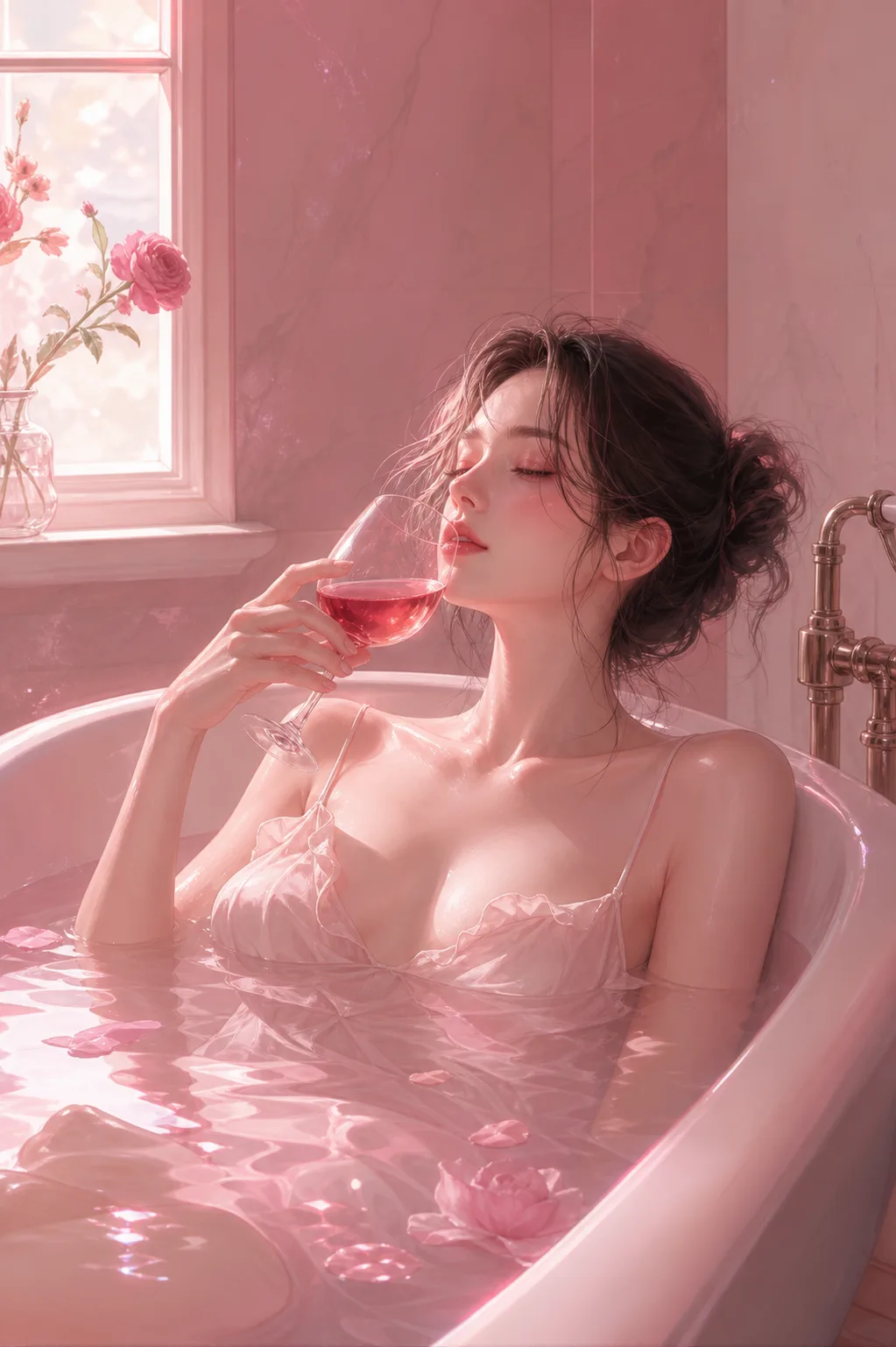 욕조 속 와인 한 잔, 몽환적인 핑크 인물화 미리보기