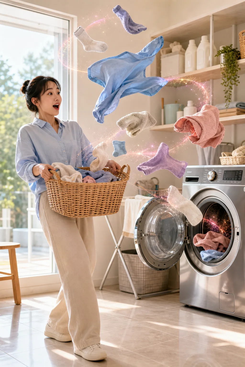 공중에 뜬 빨래가 세탁기로 들어가는 생활 마법 시네마틱 이미지 프롬프트 미리보기