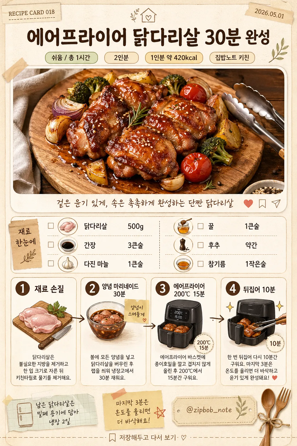 레시피 카드 (재료·단계 + 완성 사진) 提示詞預覽
