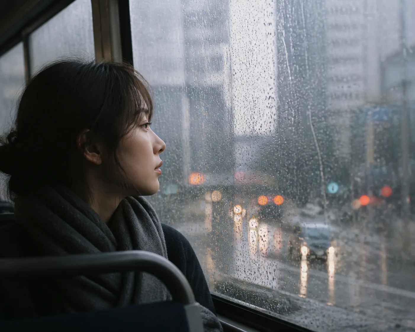 빗물 낀 창문 너머의 옆모습 감성사진 미리보기