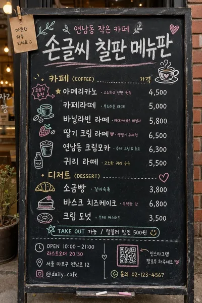 손글씨 칠판 메뉴판 (카페·매장 외관) AI 프롬프트 미리보기