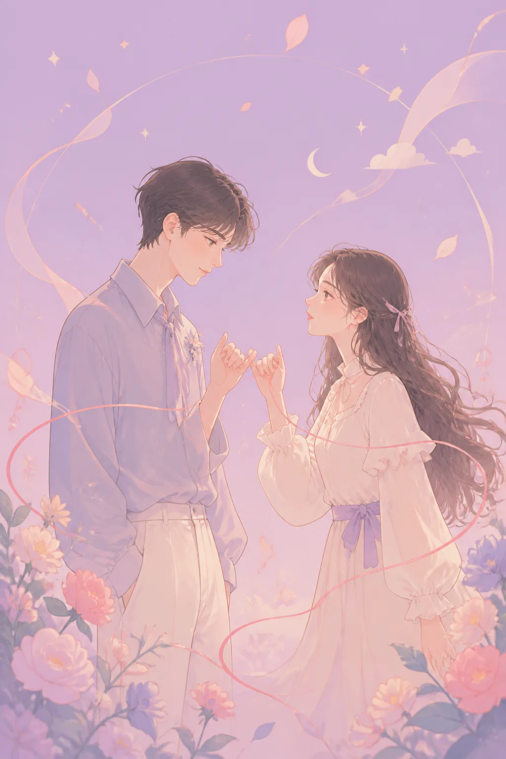 운명적 유대감을 담은 로맨틱 드림 플랫 일러스트 프롬프트 미리보기