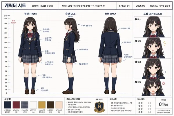 만화 캐릭터 시트 (정면·측면·후면 3 view) AI 프롬프트 미리보기