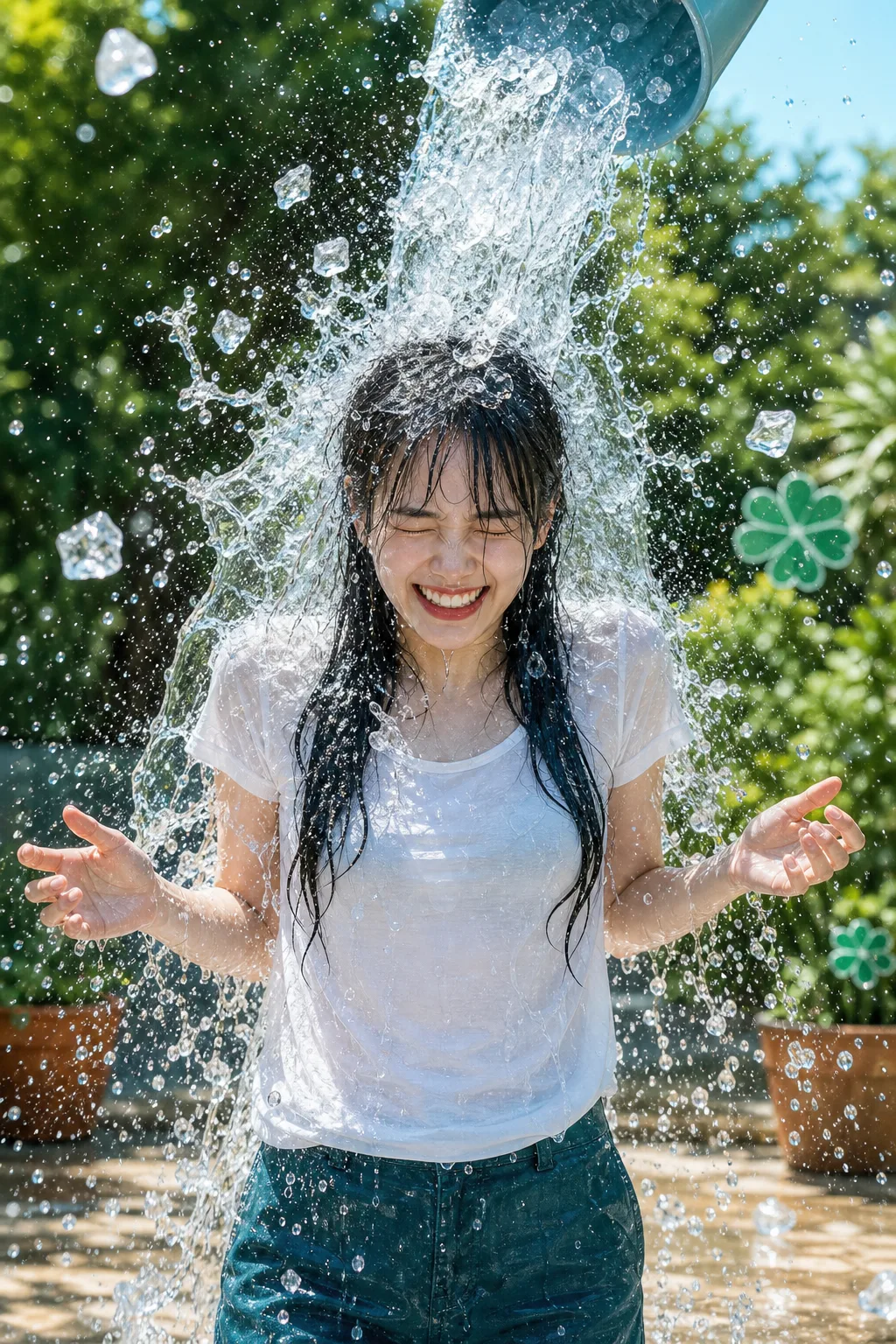 무더위 속 AI 아이스버킷 챌린지 시네마틱 SNS 이미지 프롬프트 미리보기
