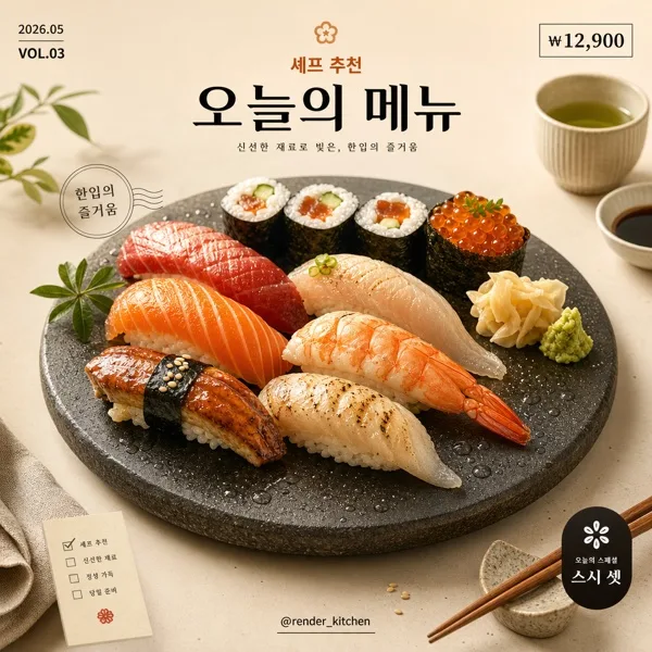 3D 음식 렌더 (스시·피자·디저트) Prompt preview