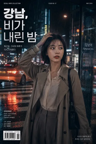 강남 빗속 시네마틱 포트레이트 AI 프롬프트 미리보기