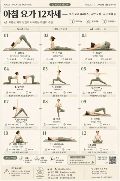 요가·필라테스 자세 인포그래픽 (12자세 시퀀스) AI 프롬프트 미리보기