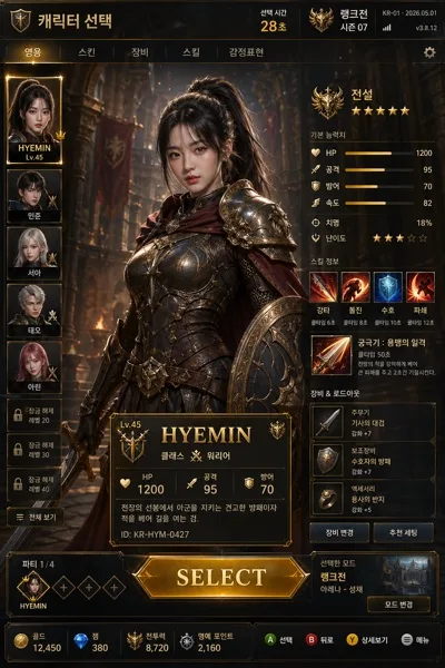 게임 캐릭터 셀렉트 화면 변환 AI 프롬프트 미리보기