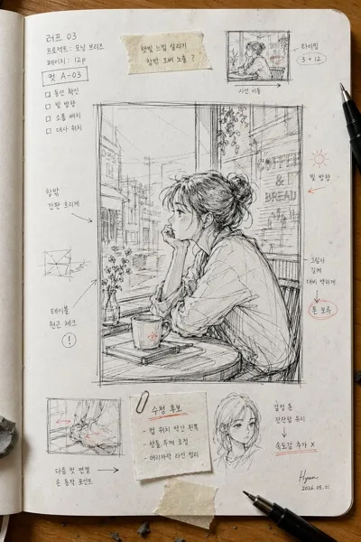 러프 펜 만화 컷 스케치 AI 프롬프트 미리보기