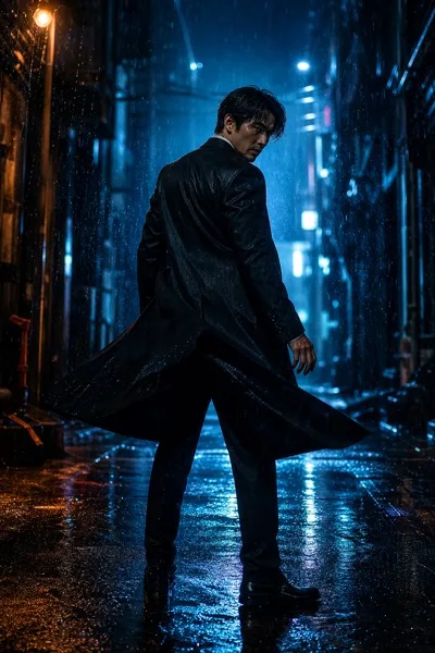 비 내리는 네온 골목의 검은 정장 액션 포스터 AI 프롬프트 미리보기