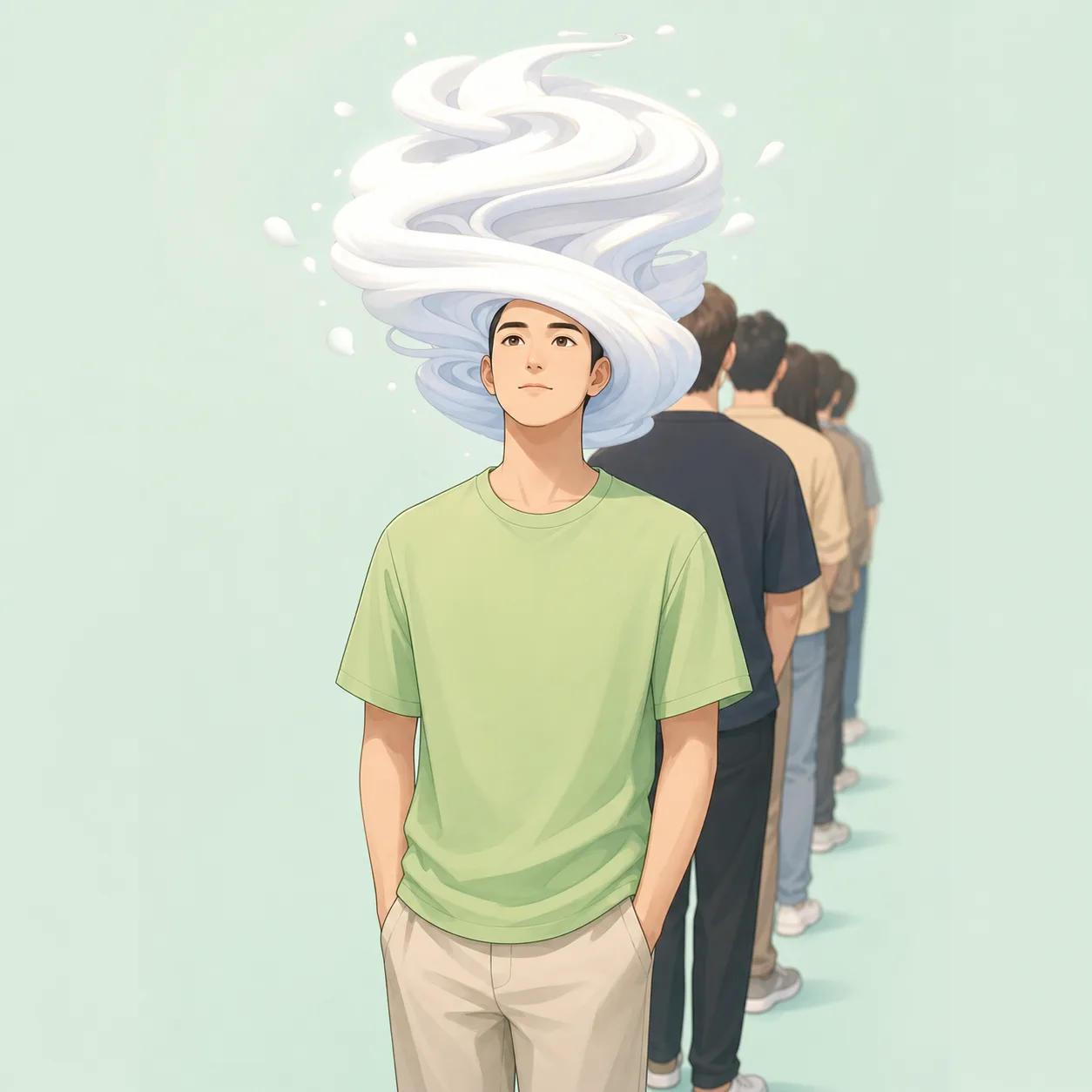 초록 티셔츠와 흰 소용돌이의 초현실 캐릭터 일러스트 미리보기
