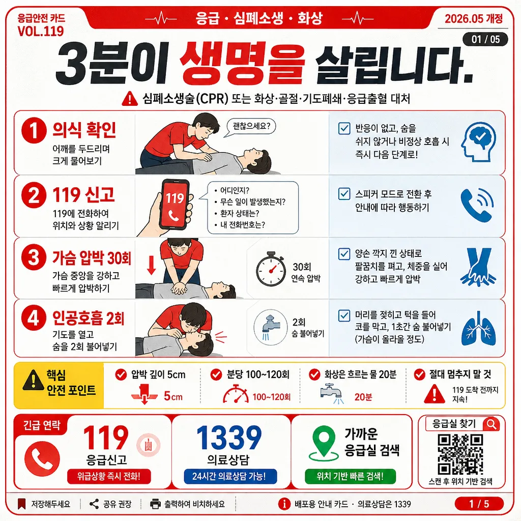 응급 의료 정보 카드 (119·심폐소생·화상) Prompt preview
