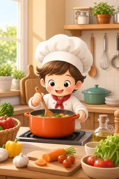 주방에서 요리하는 귀여운 셰프 일러스트 AI 프롬프트 미리보기
