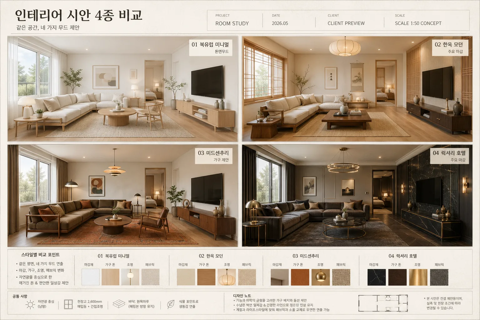 인테리어 시안 4종 비교 プロンプトのプレビュー