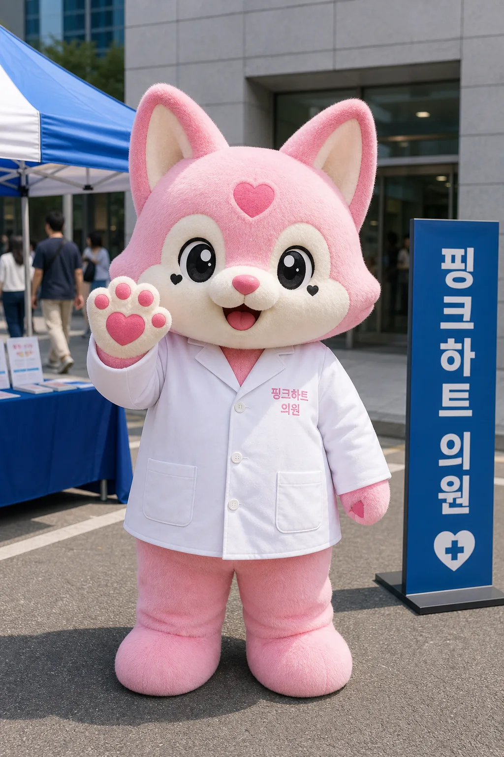 분홍 늑대 의사 마스코트 클리닉 거리 행사 실사 사진 프롬프트 미리보기