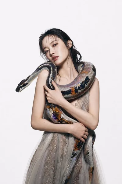 다색 뱀과 함께한 패션 매거진 커버 화보 提示詞預覽