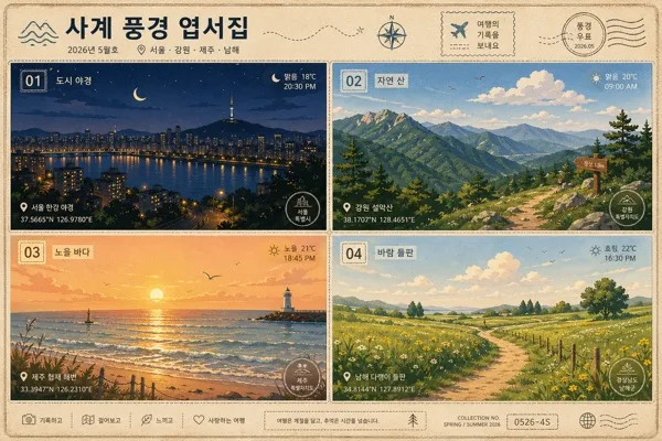 풍경 일러스트 (도시·자연·바다·산) プロンプトのプレビュー