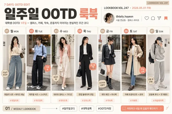 인플루언서 OOTD 룩북 (1주일) AI 프롬프트 미리보기