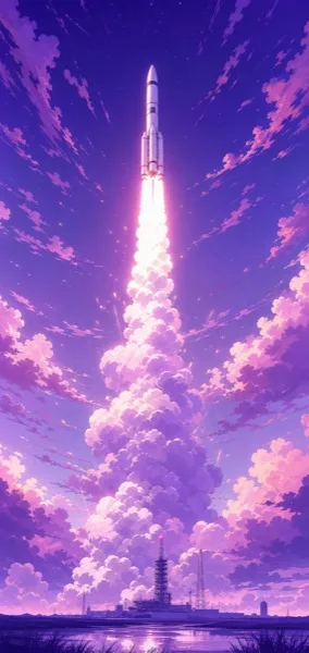 보랏빛 하늘을 가르는 로켓 발사 일러스트 AI 프롬프트 미리보기