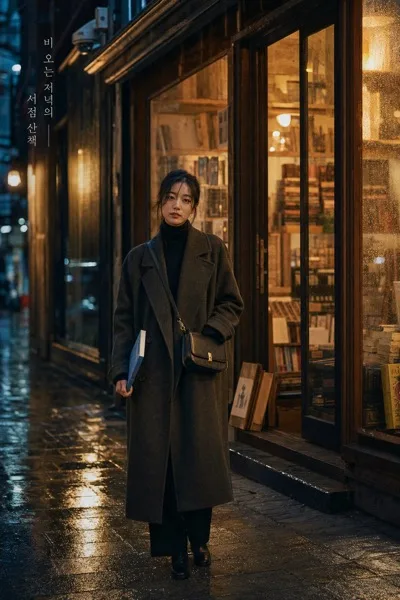 비오는 서점화보 AI 프롬프트 미리보기