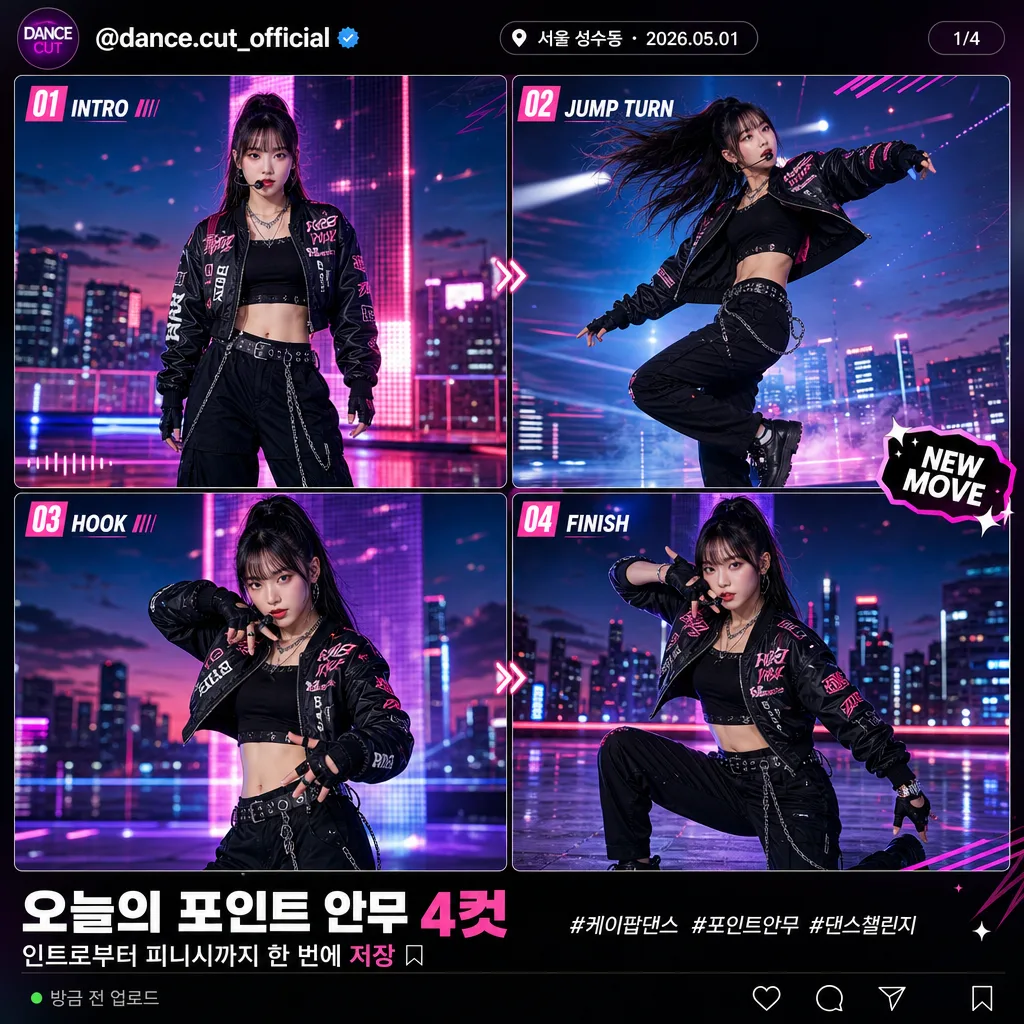K-pop 댄스 4컷 시퀀스 プロンプトのプレビュー