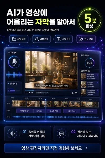 AI 자동 자막과 영상 편집 기능을 소개하는 세로형 테크 광고 포스터 AI 프롬프트 미리보기