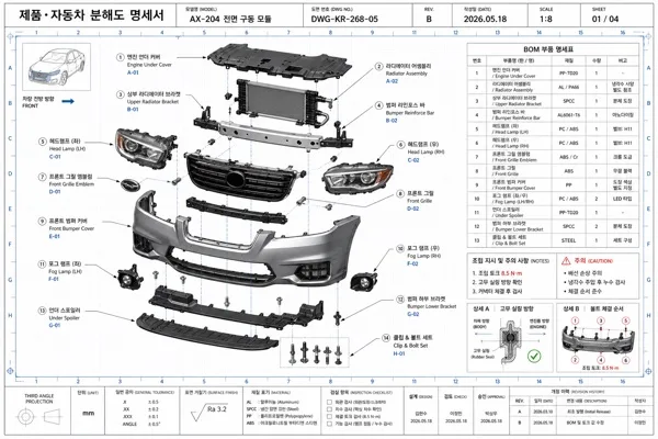 제품·자동차 분해도 명세서 AI 프롬프트 미리보기