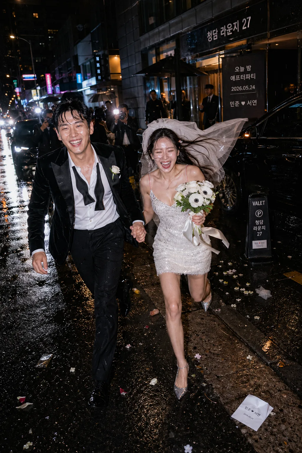 파파라치풍 야간 결혼식 컷 提示詞預覽