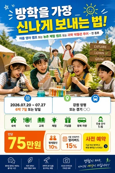 키즈 캠프·체험학습·박물관 투어 광고 提示詞預覽
