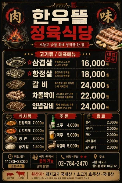 한국 고깃집·삼겹살집 메뉴판 プロンプトのプレビュー