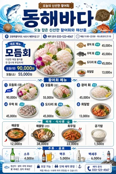 한국 횟집·해산물 메뉴판 (블루+바다) AI 프롬프트 미리보기