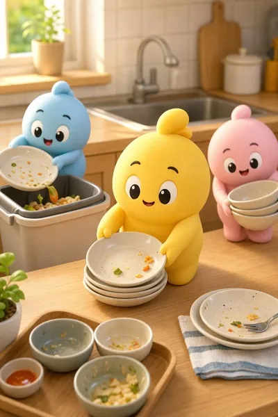 잔반을 정리하는 귀여운 3D 키친 일러스트 AI 프롬프트 미리보기