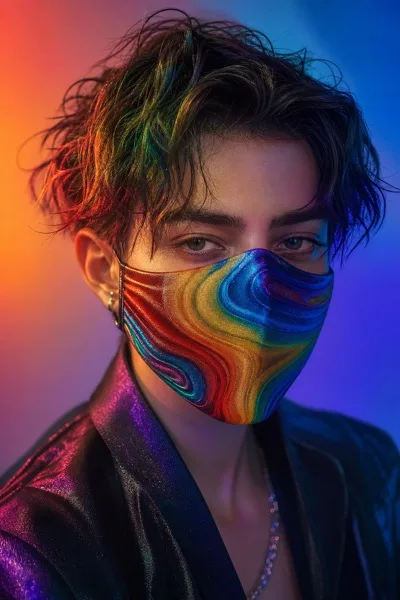 무지개 마스크 패션 초상 클로즈업 AI 프롬프트 미리보기