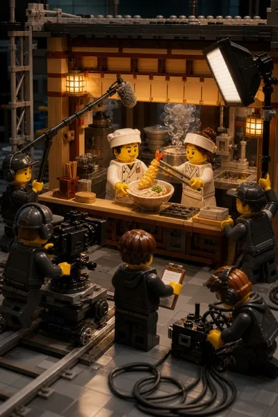 부부 요리사의 튀김우동 촬영장을 담은 초현실 LEGO 영화 세트 프롬프트 미리보기