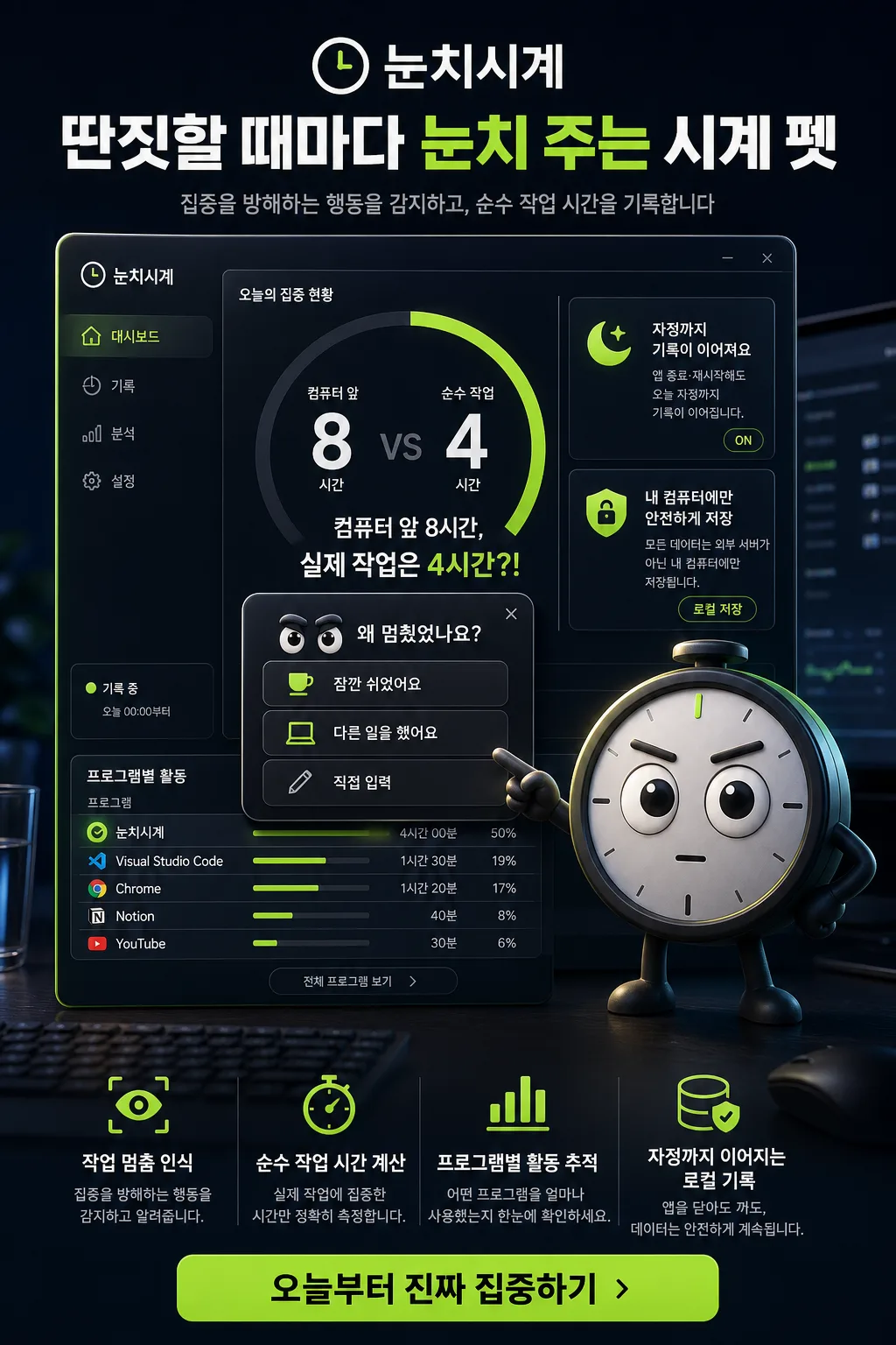 딴짓을 감시하는 시계 펫 생산성 앱 세로형 기능 소개 포스터 프롬프트 미리보기