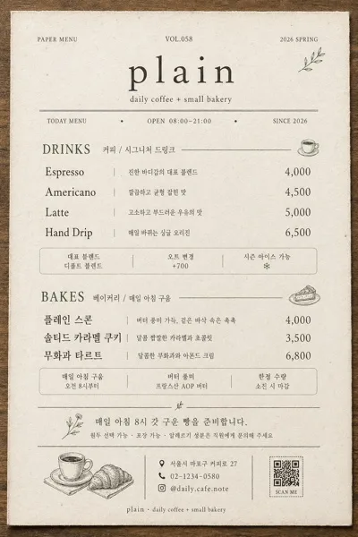 카페 미니멀 종이 메뉴판 AI 프롬프트 미리보기