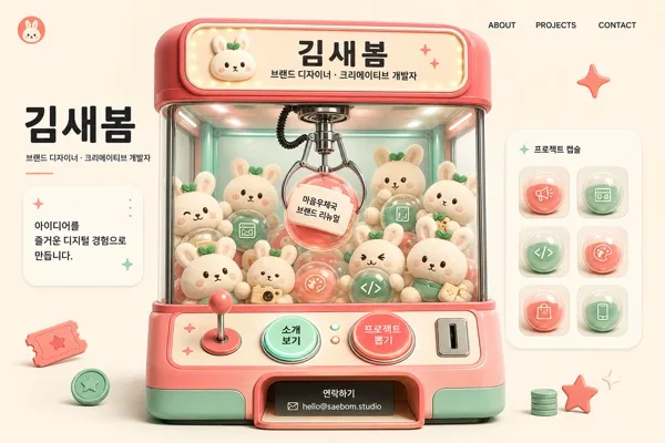 레트로 인형 뽑기 콘셉트의 자기소개 포트폴리오 웹페이지 UI 提示詞預覽
