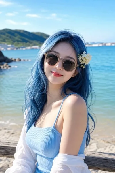 푸른 머리 해변 휴가 인물 포트레이트 AI 프롬프트 미리보기