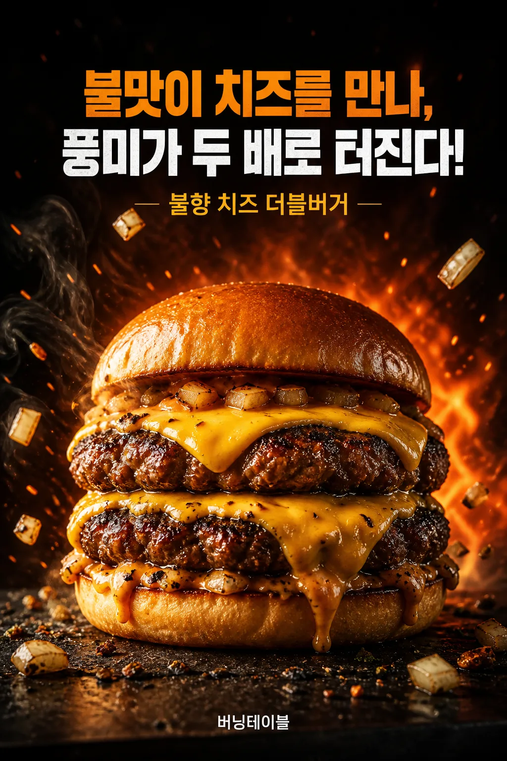 불꽃과 증기가 살아 있는 시네마틱 푸드 광고 포스터 프롬프트 미리보기